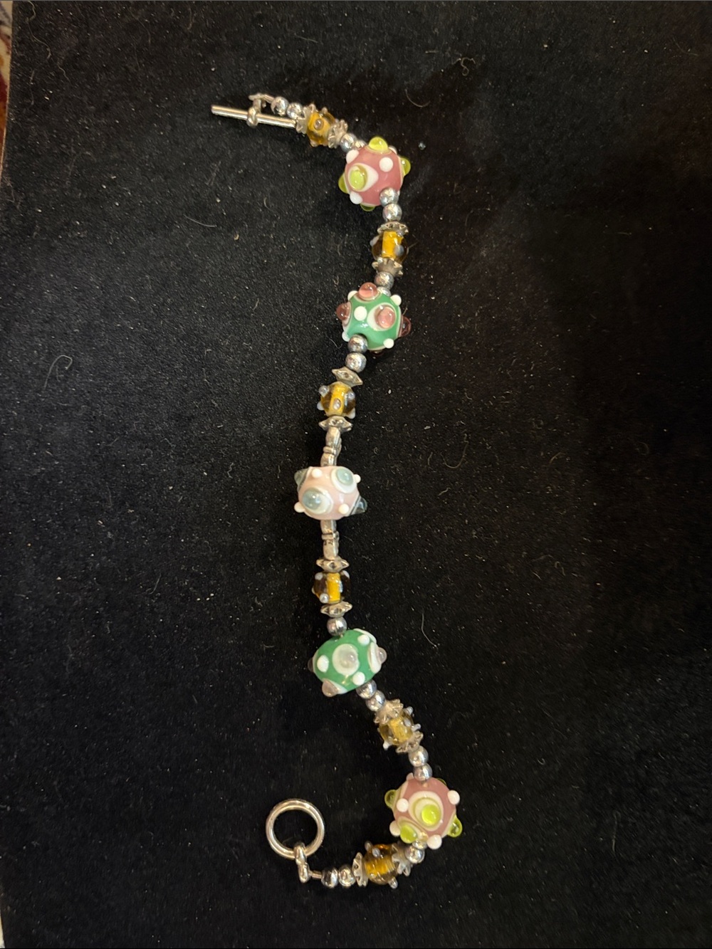 Murano Multicolor Lampwork Bracelet with Pink, Green and Yellow Beads